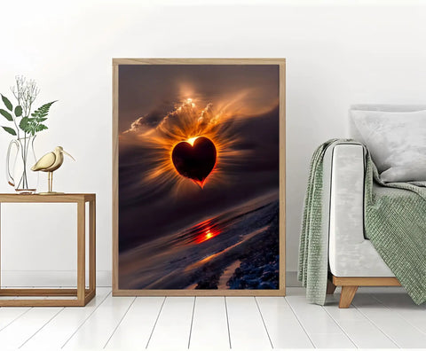 Framed sunset clouds heart art piece from 5D Diamond Painting Kit For Adults Beginners Easy Start Full Drill Round Gem Art Set DIY
