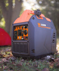 Ultra Quiet 2350 Watt Portable Inverter Generator With Fuel Shutoff in woodland campsite next to a red tent
