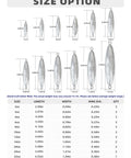 Chart showing various sizes and dimensions of sinkers with specifications for length, width, ring diameter, and quantity.