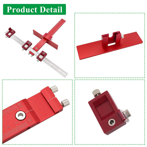 All In One Cabinet Hardware Jig For Handles And Knobs Inch And Metric Drill Guide components in red with precise layout