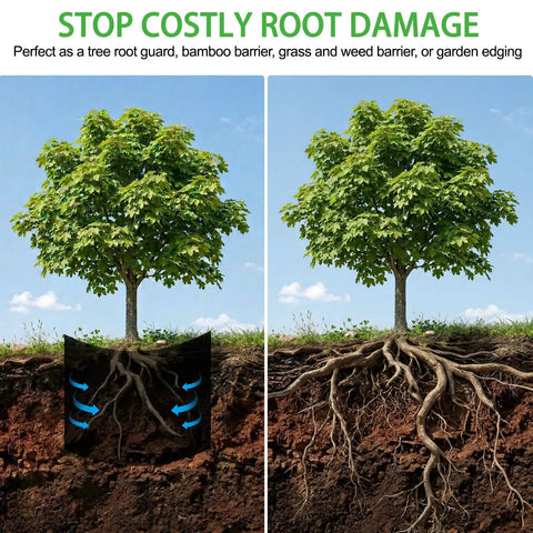 Root Barrier 12In By 15Ft By 60Mil For Trees, Recycled HDPE Landscape Edging Roll showing root containment under tree