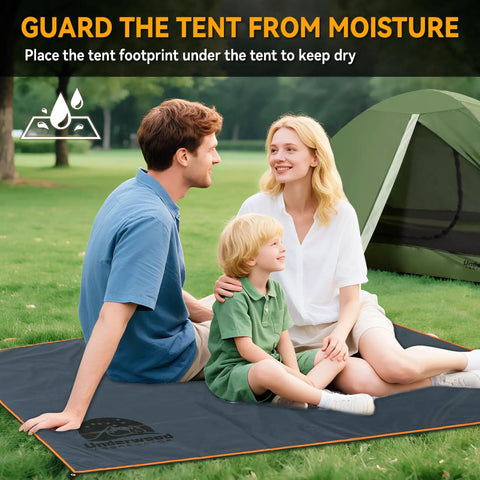 Family sitting on Ultralight Tent Footprint Ground Sheet With PU3000mm Waterproof Coating near green tent in a park.