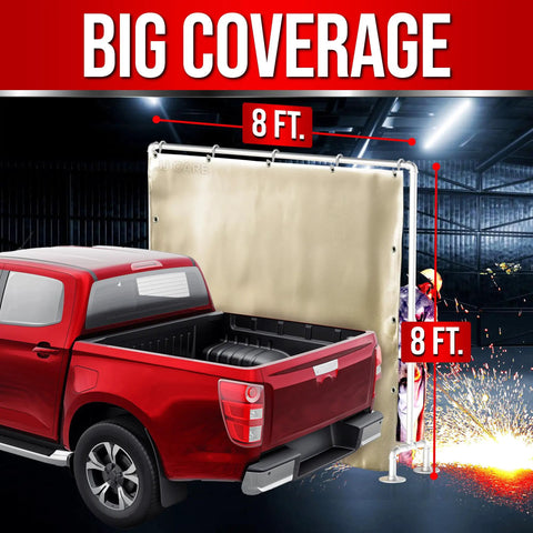 Heat Shield Welding Blanket 8x8 Ft 850GSM Fiberglass Fireproof Mat with Brass Grommets behind pickup truck in workshop