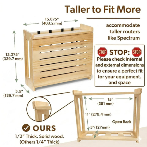 Diagram of Rustic Pine WiFi Router Storage Box With Wall Mount Decorative Modem Shelf Hider And Cable Management System Keeps Your Router Looking Slick Up To 11 Inches Tall Easy Home Organization For Modern Living, showing dimensions and details.