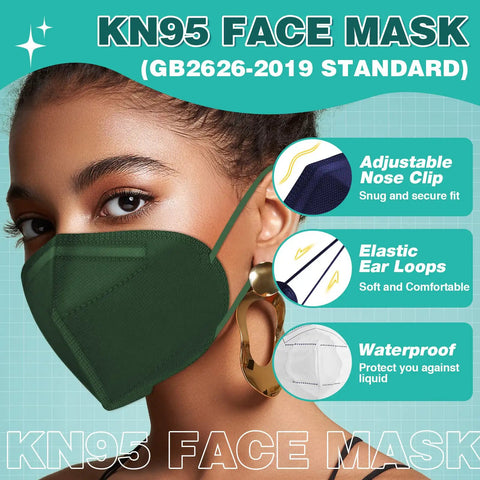 Person wearing green KN95 face mask with adjustable nose clip, elastic ear loops, waterproof, following GB2626-2019 standard.