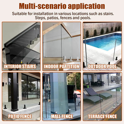 Top Tier 304 Stainless Steel Side Mount Glass Railing Spigots Built Like Trucks Hella Strong Heavy Duty Corrosion Resistant Clamps For 3 8 To 1 2 Inch Panels Indoor Outdoor Use Silver 18 Pack installed on interior stairs.