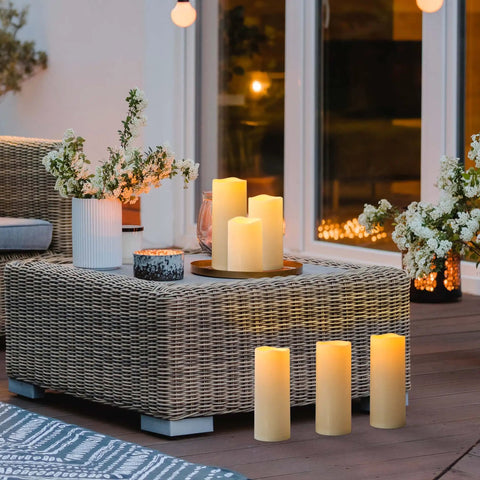 Waterproof Outdoor Flameless Pillar Candles 10x5 Inch Battery Operated LED With Remote And Timer Flickering Ivory White Pillar Candles for patio