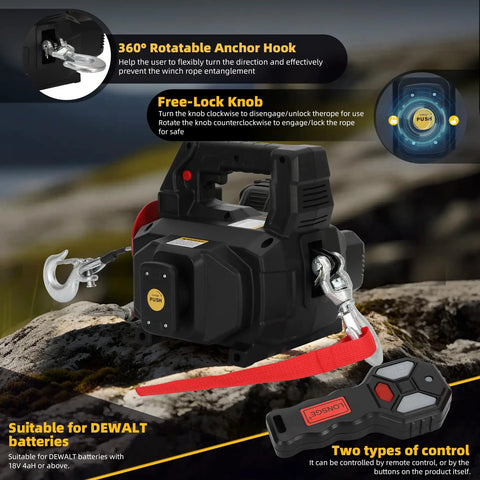 Lonsge 1000 Lb Portable Battery Winch With 40 Ft Steel Cable features 360° anchor hook and wireless remote for heavy duty lifting.