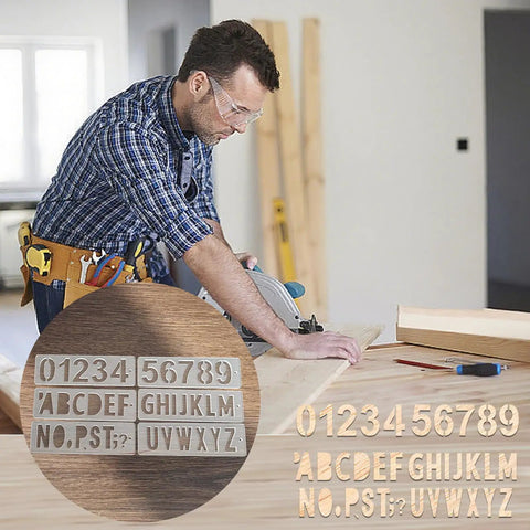 Premium Acrylic Letter And Number Router Templates Pack Of Six Hella Durable Woodcarving Stencils With Punctuation Marks Totally Legit For Any Diy Project Or Custom Engraving Job Measuring Roughly 7By2 Inches on a workbench.