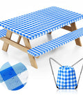 Picnic Table Cover With Bench Covers And Carry Bag, Windproof Outdoor Table Protector With Elastic Edges, Blue, Camping Essentials