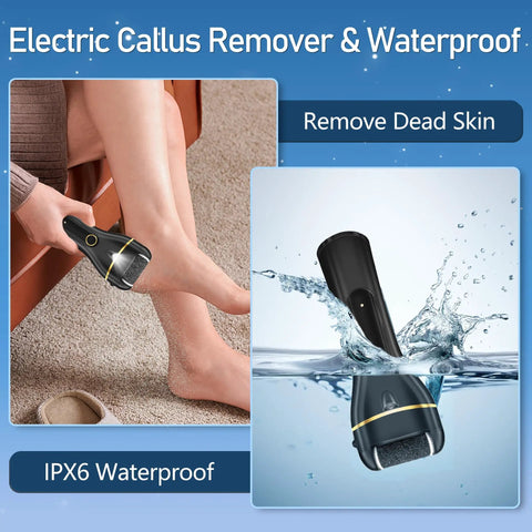 Waterproof Electric Foot Callus Remover With Three Roller Heads Two Speed Settings Battery Display in use on foot, IPX6 waterproof