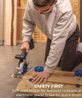 Person using 20V Ionic Drive 4 1/2 Inch Circular Saw Bare Tool Pro Grade Power With Brushless Motor on wood board