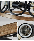 Close-up of Three Light Farmhouse Ceiling Light With Rustic Black And Wood Grain Finish, showcasing metal drum frame details