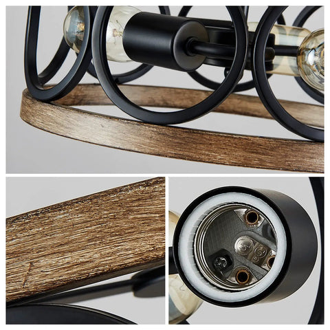 Close-up of Three Light Farmhouse Ceiling Light With Rustic Black And Wood Grain Finish, showcasing metal drum frame details