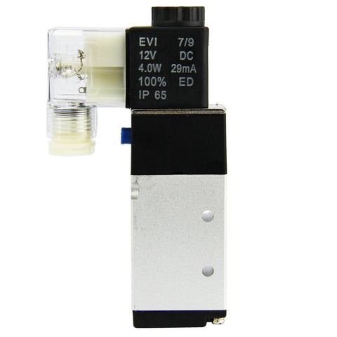 Side view of 1/4 inch NPT 5-way 2-position DC 12V pneumatic solenoid valve with black coil housing and silver body