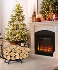 Curved 32-Inch Firewood Rack, Powder-Coated Rustproof Metal Log Holder by fireplace with holiday decor and stacked logs