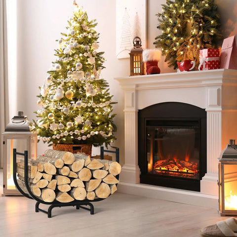 Curved 32-Inch Firewood Rack, Powder-Coated Rustproof Metal Log Holder by fireplace with holiday decor and stacked logs