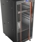 Built Like A Tank 32U Floor Standing Server Rack With 24 Inch Deep Storage And Integrated Cooling Fan, showing lockable glass door and ventilation.