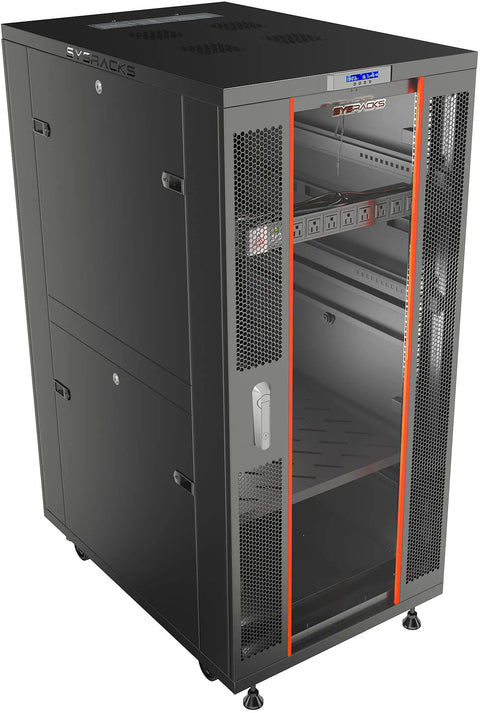 Built Like A Tank 32U Floor Standing Server Rack With 24 Inch Deep Storage And Integrated Cooling Fan, showing lockable glass door and ventilation.