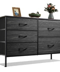 Roomy Five Drawer Fabric Dresser For Bedroom And Living Room Storage With Drawer Organizers, Charcoal Black Wood Grain Print