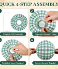 Assembly of 12 Pack Camp Bachelorette Paper Lanterns Set in Gingham Green Tan Pink with 4-step instructions shown.