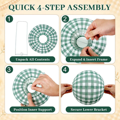 Assembly of 12 Pack Camp Bachelorette Paper Lanterns Set in Gingham Green Tan Pink with 4-step instructions shown.