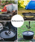 Collage of 8 Inch Cast Iron Folding Dutch Oven Lid Stand For Campfire Cooking with campfire and tent backdrop