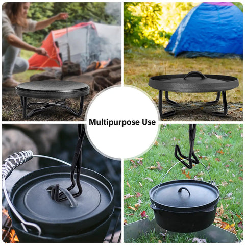 Collage of 8 Inch Cast Iron Folding Dutch Oven Lid Stand For Campfire Cooking with campfire and tent backdrop