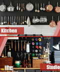 Beefy Heavy Duty Steel Pegboard Panels Set Of 8 With 50 Hooks Each 16 By 12 Inch Wall Organizer For Garage And Workshop Rust Resistant Scratch Resistant Tool Storage For Home Office Kitchen Craft Room, showing kitchen and studio tool organization.