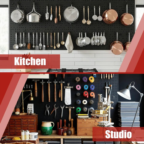 Beefy Heavy Duty Steel Pegboard Panels Set Of 8 With 50 Hooks Each 16 By 12 Inch Wall Organizer For Garage And Workshop Rust Resistant Scratch Resistant Tool Storage For Home Office Kitchen Craft Room, showing kitchen and studio tool organization.