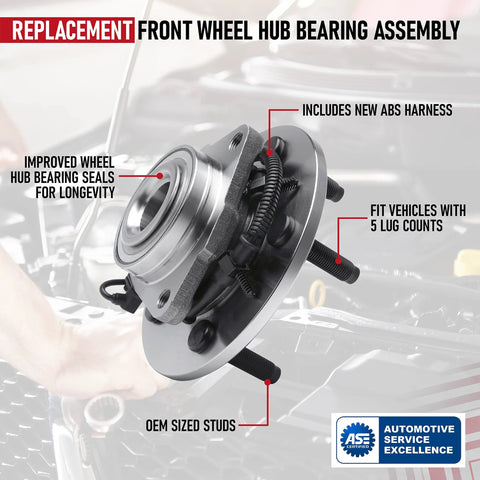 Front Wheel Hub Bearing Assembly With ABS Sensor Cable For Dodge And Ram 1500 Trucks 2011 To 2019 2WD And 4WD Replaces 515151 951-094 Durable Replacement To Restore Ride Smooth And Quiet Wheel Rotation in hand