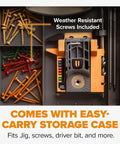 Mini Pocket Hole Jig Kit Auto Adjusting Portable System in storage case with assorted screws for woodworking joints.
