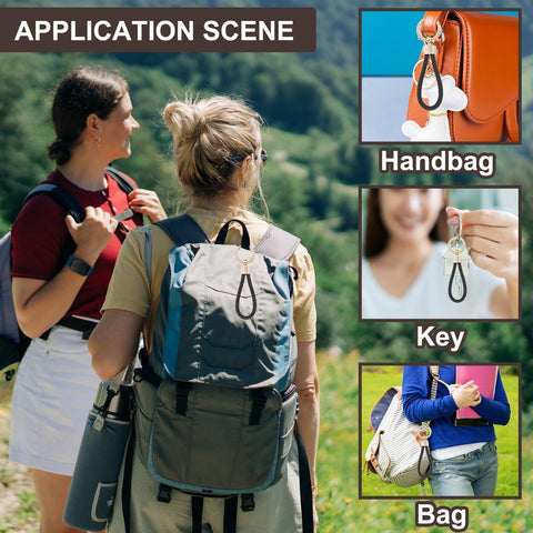 Image showcasing usage scenarios of Braided Rope Leather Keychain With Rotatable D Ring And Zinc Alloy Screwdriver for bags and keys.