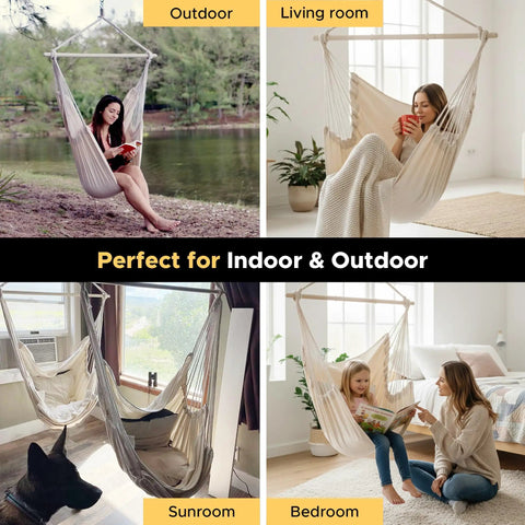 XXL Hammock Chair For Big Folks With Generous 70.9 By 47.2 Inches, 500 Lb Capacity, Heavy Duty Steel Spreader Bar, Extra Roomy Indoor Outdoor Swing Chair For Patio Bedroom And Yard shown installed in different settings