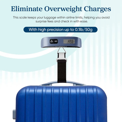 Digital Luggage Scale for Travel Essentials, Hanging Baggage Scale With Temperature Sensor, 110 Pound Capacity, Battery Included on suitcase