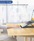 Ergonomic Laptop Stand For 10 To 14 Inch Laptops Portable Riser With 8 Adjustable Angles placed on a desk with laptop