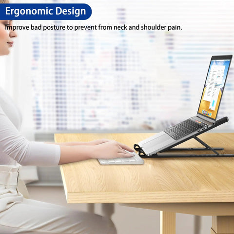 Ergonomic Laptop Stand For 10 To 14 Inch Laptops Portable Riser With 8 Adjustable Angles placed on a desk with laptop