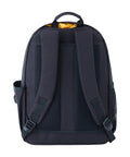 Back view of heavy duty tool backpack with 22 pockets and full zip closure, durable yellow and black design, visible straps.
