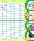 Giant Magnetic XY Coordinate Grid Paper for Whiteboards with four 26-inch panels, illustrating Pythagorean theorem and grid features.