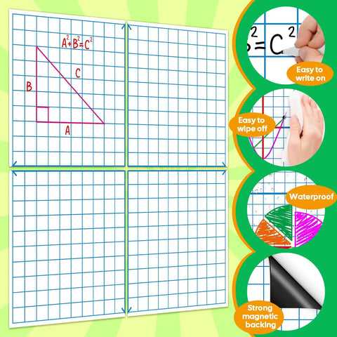 Giant Magnetic XY Coordinate Grid Paper for Whiteboards with four 26-inch panels, illustrating Pythagorean theorem and grid features.