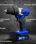 Ultimate 20V Cordless Drill Set for Easy Home DIY and Beginner Projects - Lightweight Power Tool with Variable Speed, 3/8 Inch Keyless Chuck, Long-Lasting Battery, LED Light, Black and Blue Design, Side View
