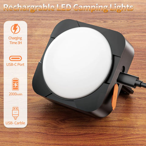 Rechargeable Camping Lights Pack Of 2 With 2000mAh Each, USB-C portable LED tent lantern charging on wooden surface