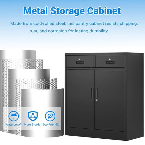 Heavy Duty Metal Storage Cabinet With Doors And Shelves, 36 Inch Tall Locking Cabinet With Two Drawers, Built Tough Reinforced Steel For Garage, Workshop, Office Or Home Use, Black next to steel durability features.