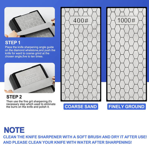 Double Sided Diamond Sharpening Stone With Coarse 400 And Fine 1000 Grit, showing honeycomb plates with non-slip base and guide