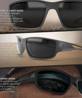Kazbek Torque Polarized Anti Fog Vapor Shield Safety Glasses with Smoke Lens close-up showing matte black frame and comfort fit