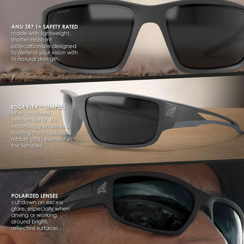 Kazbek Torque Polarized Anti Fog Vapor Shield Safety Glasses with Smoke Lens close-up showing matte black frame and comfort fit