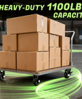 Built Bullet Proof Five Inch Solid Rubber Caster Wheels With Knockout Step On Brake Locks and Smooth Rolling Knobby Treads on dolly with boxes.