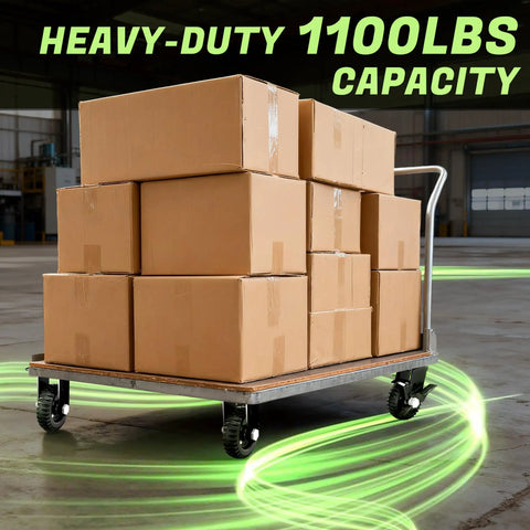 Built Bullet Proof Five Inch Solid Rubber Caster Wheels With Knockout Step On Brake Locks and Smooth Rolling Knobby Treads on dolly with boxes.