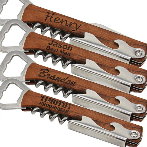 Custom Engraved Corkscrew Multi Tool With Bottle Opener And Free Text showcasing personalized names, durable stainless steel