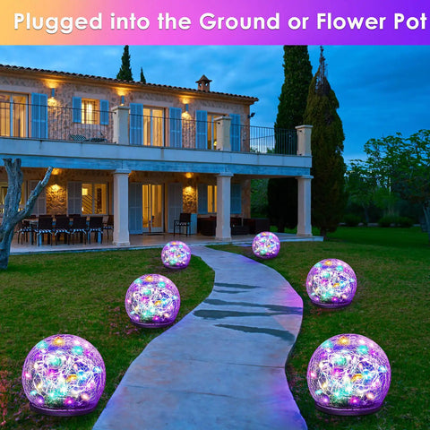 2 Pack Solar Garden Lights With 80 LED Colorful Cracked Glass Balls illuminating a walkway with multicolor glow